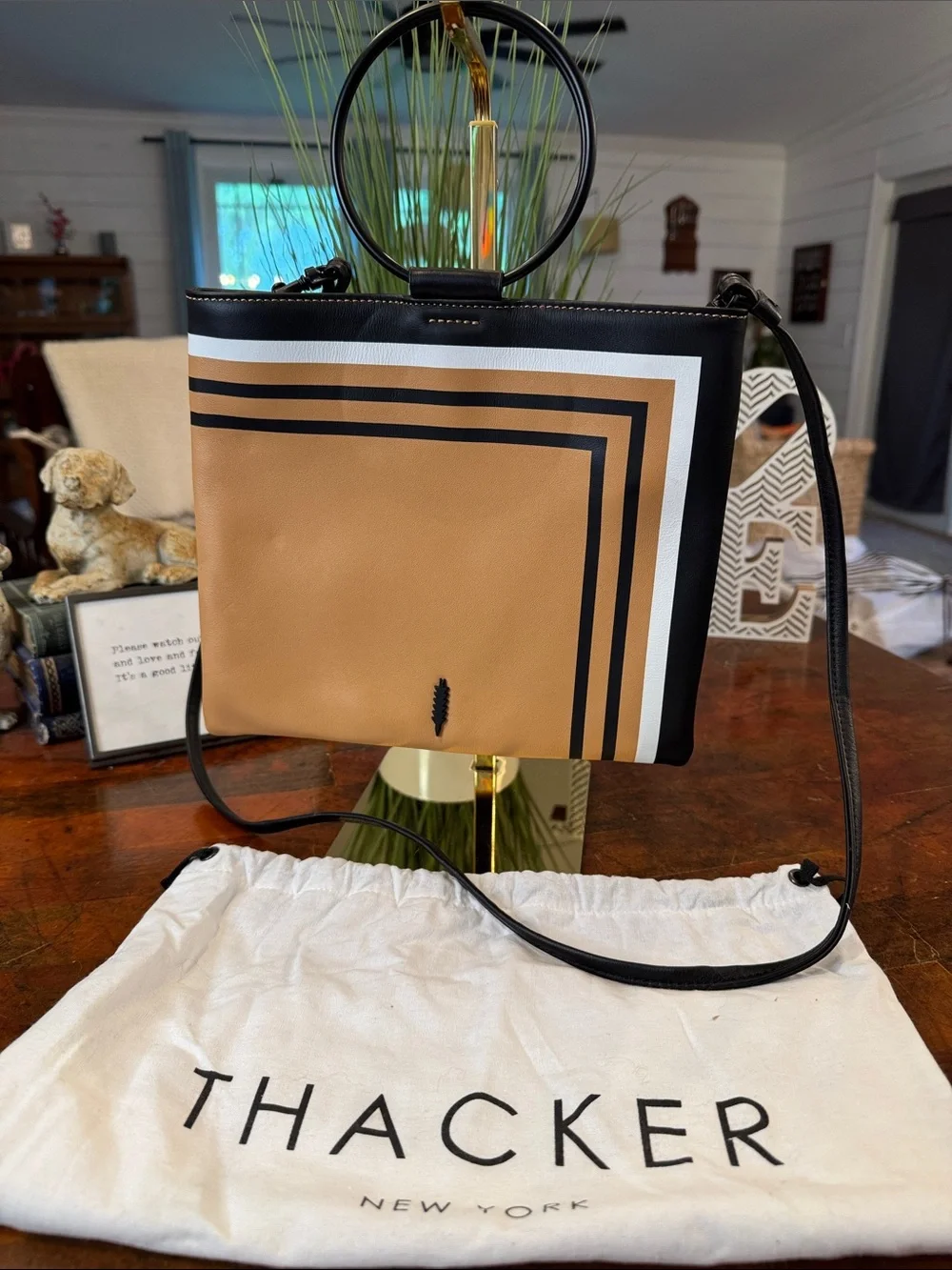 Thacker New York Tan and Black Stripe Crossbody Bag Clutch